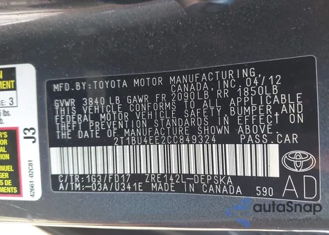 2012 Toyota Corolla S z USA, uszkodzony, nr VIN 2T1BU4EE2CC849324
